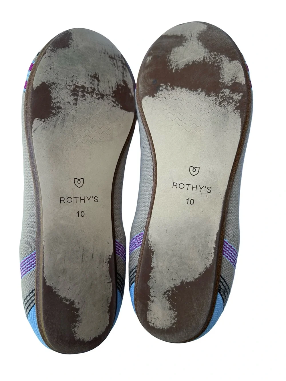 Rothy’s Tan with Blue and Pink toe stripe Ballet flats, US sz 10